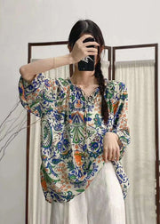 Bohemian Rose Ruffled Print Patchwork Linen Shirt Tops Summer