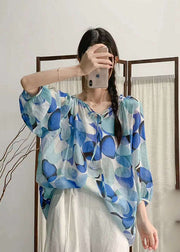 Bohemian Rose Ruffled Print Patchwork Linen Shirt Tops Summer