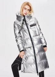 Bohemian Silvery Stand Collar Zip Up Side Open Duck Down Winter Lengthen Coats