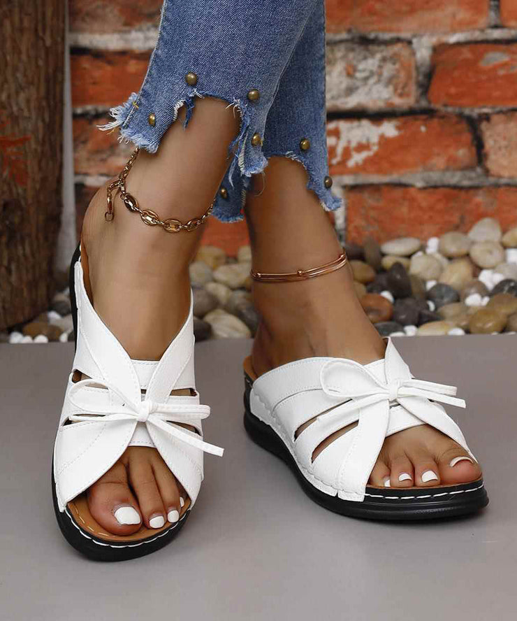 Bohemian Splicing Wedge White Faux Leather Slide Sandals