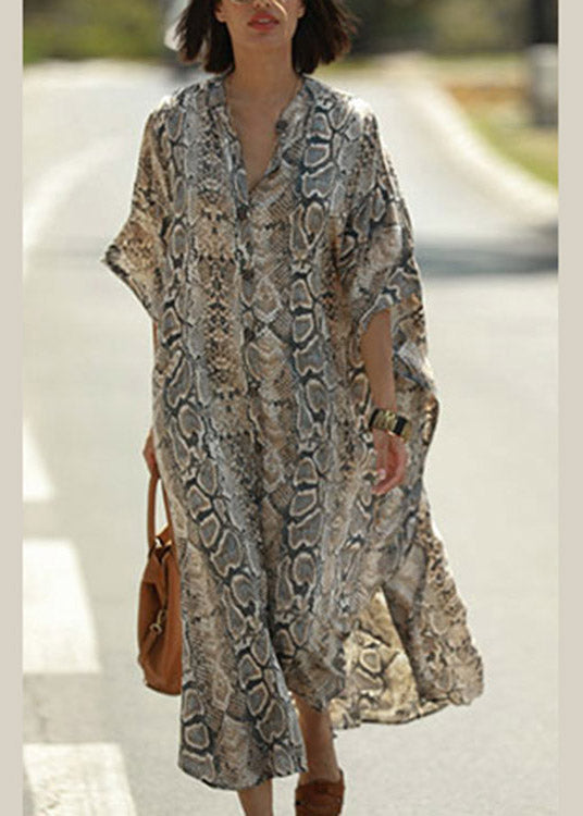 Bohemian Stand Collar Print Button Side Open Maxi Shirts Dresses Summer