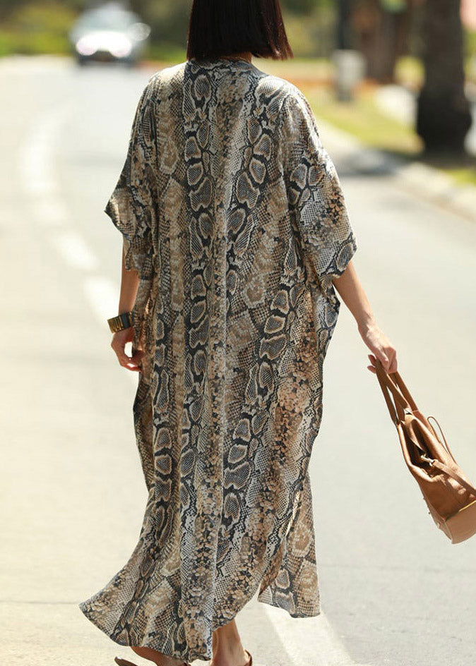 Bohemian Stand Collar Print Button Side Open Maxi Shirts Dresses Summer