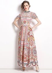 Bohemian Stand Collar Print Wrinkled Patchwork Chiffon Maxi Dresses Summer