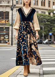 Bohemian V Neck Patchwork Print Silk Velvet Maxi Dresses Spring