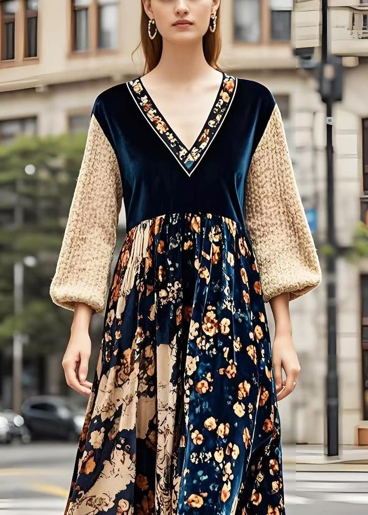 Bohemian V Neck Patchwork Print Silk Velvet Maxi Dresses Spring