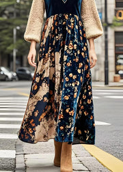 Bohemian V Neck Patchwork Print Silk Velvet Maxi Dresses Spring