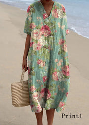 Bohemian V Neck Print Loose Cotton Dress Summer