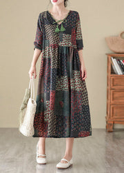 Bohemian V Neck Print Patchwork Cotton Long Dress Fall