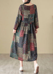 Bohemian V Neck Print Patchwork Cotton Long Dress Fall