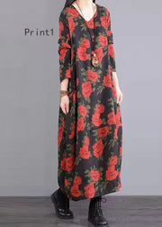 Bohemian V Neck Print Patchwork Cotton Long Dresses Fall