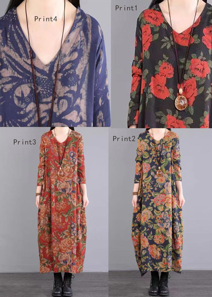 Bohemian V Neck Print Patchwork Cotton Long Dresses Fall