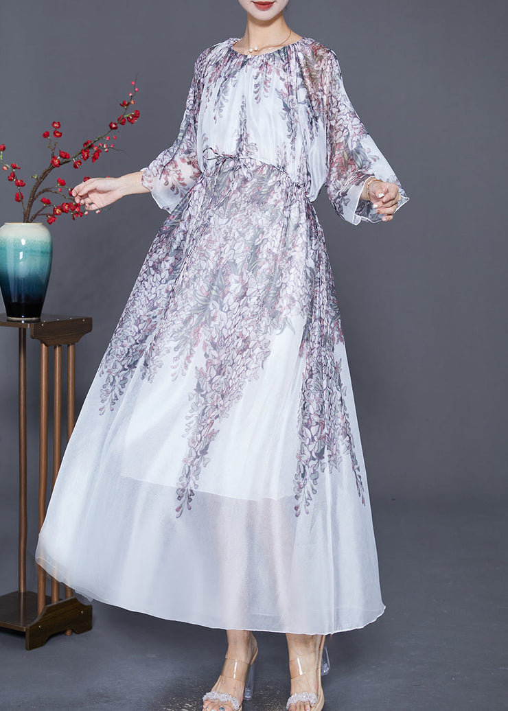 Bohemian White Cinched Print Silk Long Dress Summer