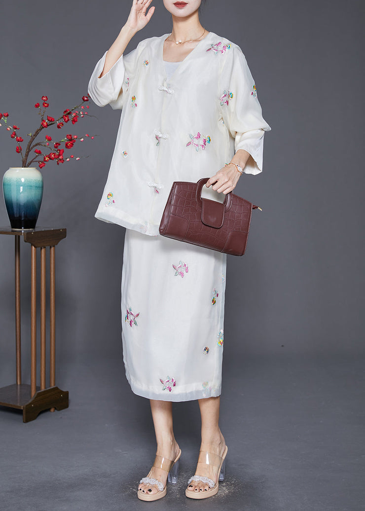 Bohemian White Embroideried Chinese Button Silk Two-Piece Set Fall