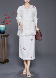 Bohemian White Embroideried Chinese Button Silk Two-Piece Set Fall