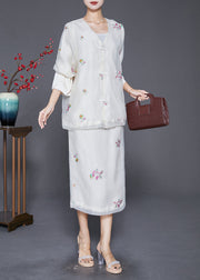 Bohemian White Embroideried Chinese Button Silk Two-Piece Set Fall