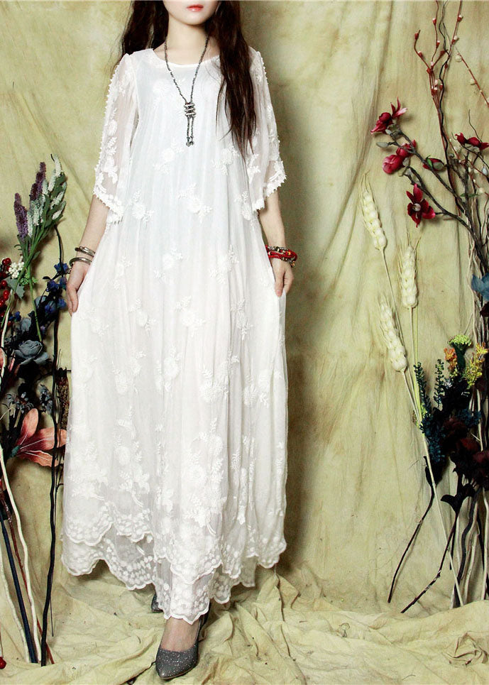 Bohemian White Embroideried Cold Shoulder Lace Long Dresses Spring