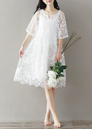 Bohemian White Embroideried Lace Patchwork Tulle Mid Dress Summer