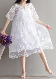 Bohemian White Embroideried Lace Patchwork Tulle Mid Dress Summer