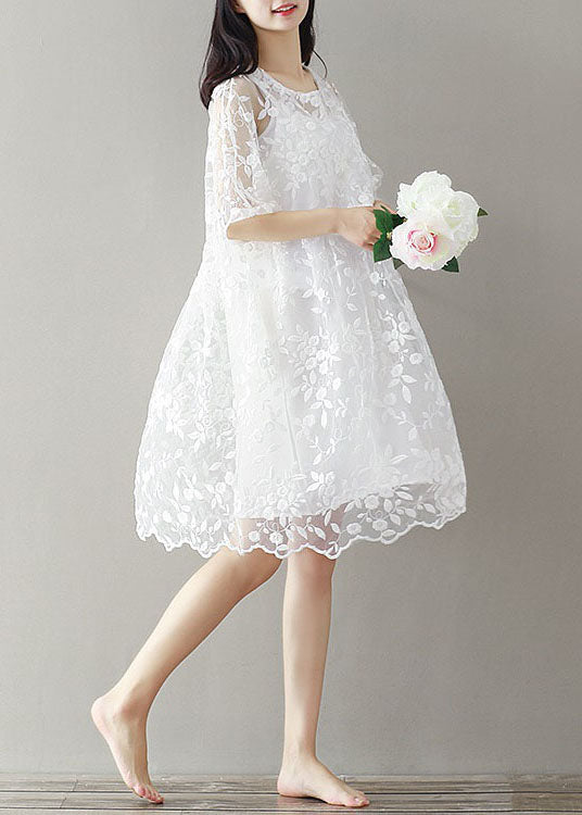 Bohemian White Embroideried Lace Patchwork Tulle Mid Dress Summer