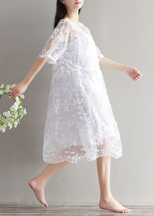 Bohemian White Embroideried Lace Patchwork Tulle Mid Dress Summer