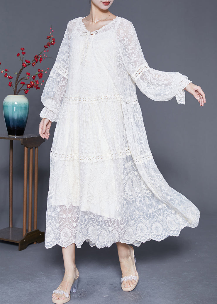 Bohemian White Embroideried Patchwork Hollow Out Lace Maxi Dress Lantern Sleeve