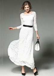 Bohemian White Hollow Out Embroideried Sashes Lace Long Dresses Summer