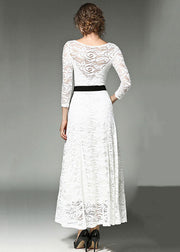 Bohemian White Hollow Out Embroideried Sashes Lace Long Dresses Summer