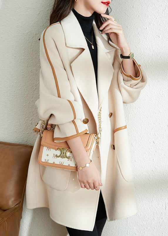 Bohemian White Lapel Patchwork PU Woolen Trench Coat Fall