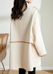 Bohemian White Lapel Patchwork PU Woolen Trench Coat Fall