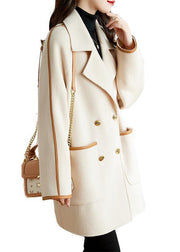 Bohemian White Lapel Patchwork PU Woolen Trench Coat Fall