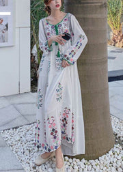 Bohemian White O-Neck Embroideried Floral Cotton Holiday Dresses Long Sleeve