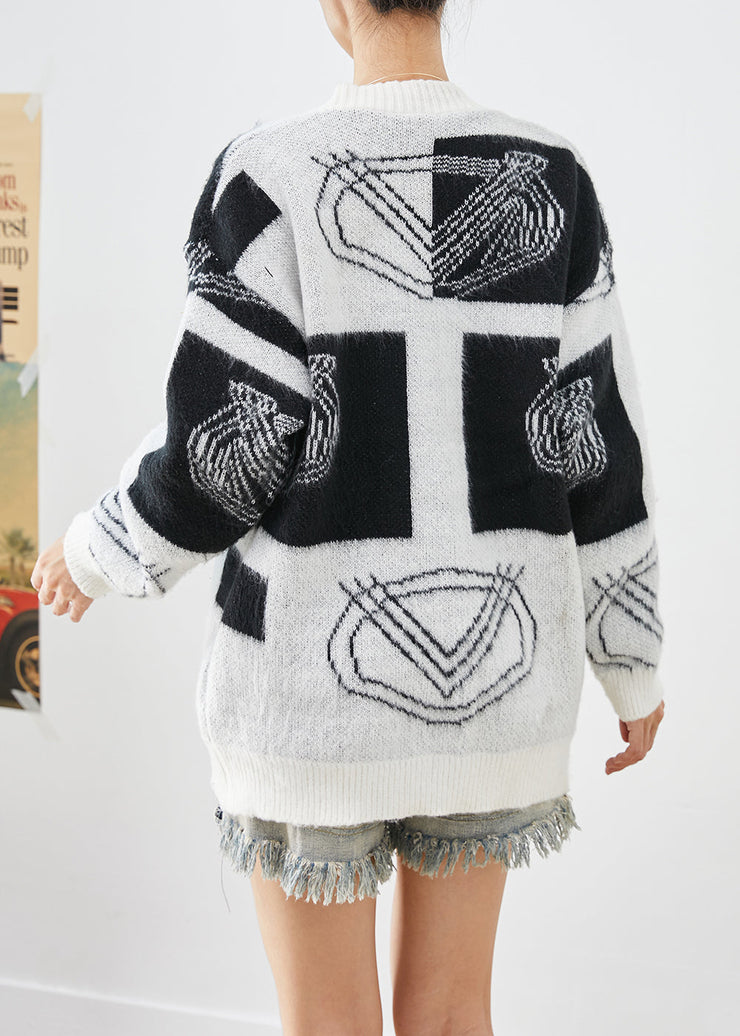 Bohemian White Oversized Print Button Down Knit Cardigans Fall