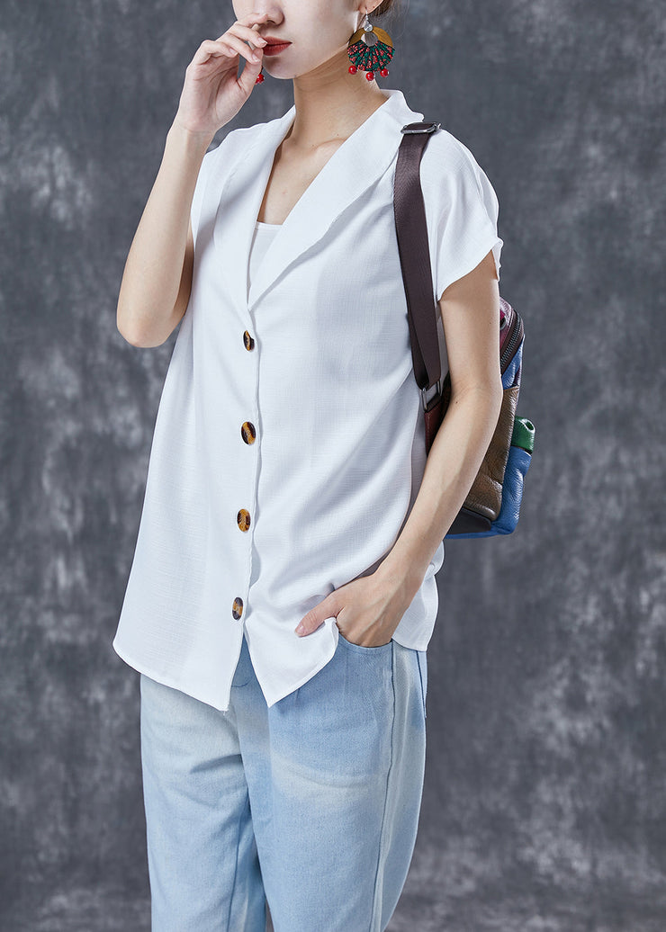 Bohemian White Peter Pan Collar Button Linen Top Short Sleeve