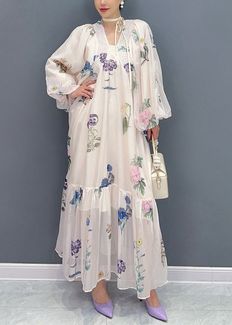 Bohemian White Print Chiffon Long Dresses Lantern Sleeve