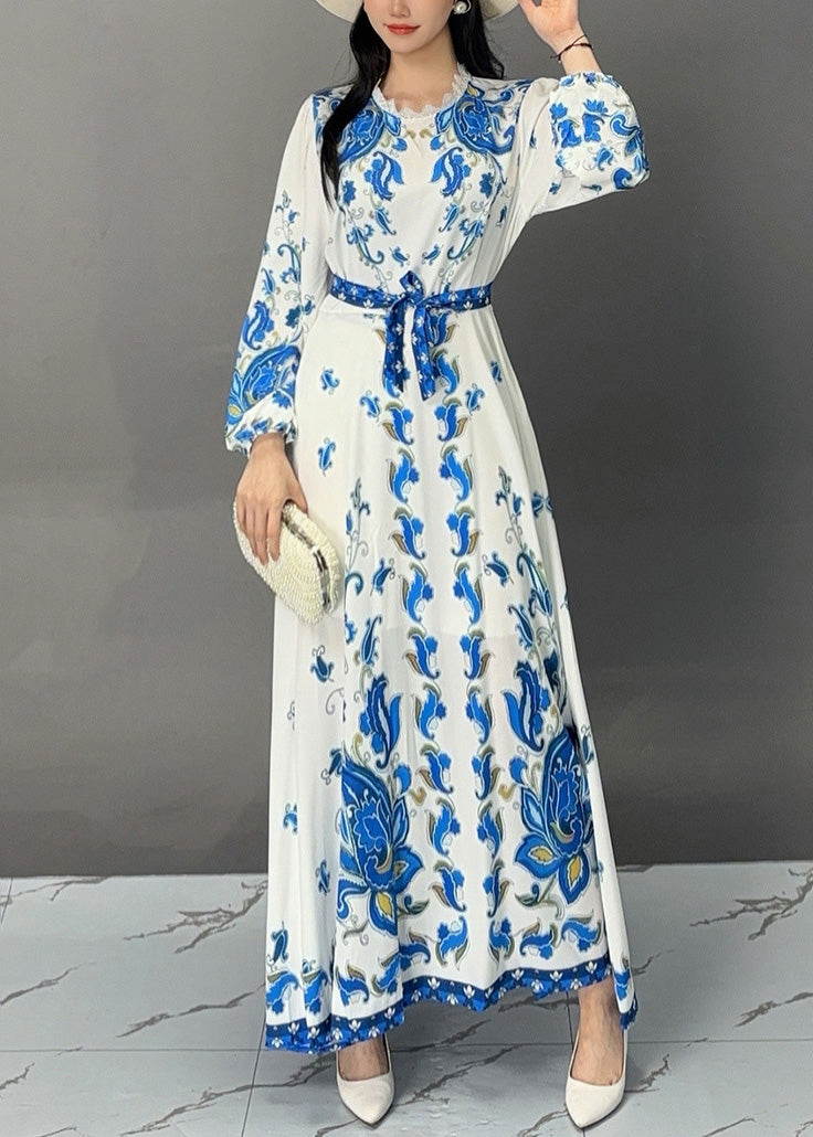 Bohemian White Print Lace Up Cotton Long Dress Fall