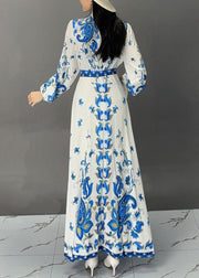 Bohemian White Print Lace Up Cotton Long Dress Fall