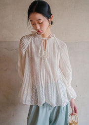 Bohemian White Ruffled Lace Up Cotton Blouses Lantern Sleeve