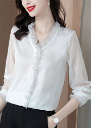 Bohemian White Ruffled Patchwork Silk Blouses Long sleeve