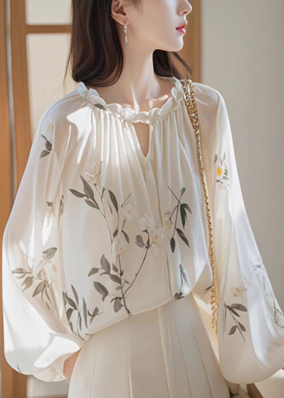 Bohemian White Ruffled Print Chiffon Shirt Fall