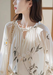 Bohemian White Ruffled Print Chiffon Shirt Fall