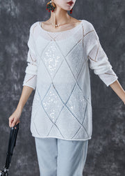 Bohemian White Sequins Hollow Out Knit Sweater Fall