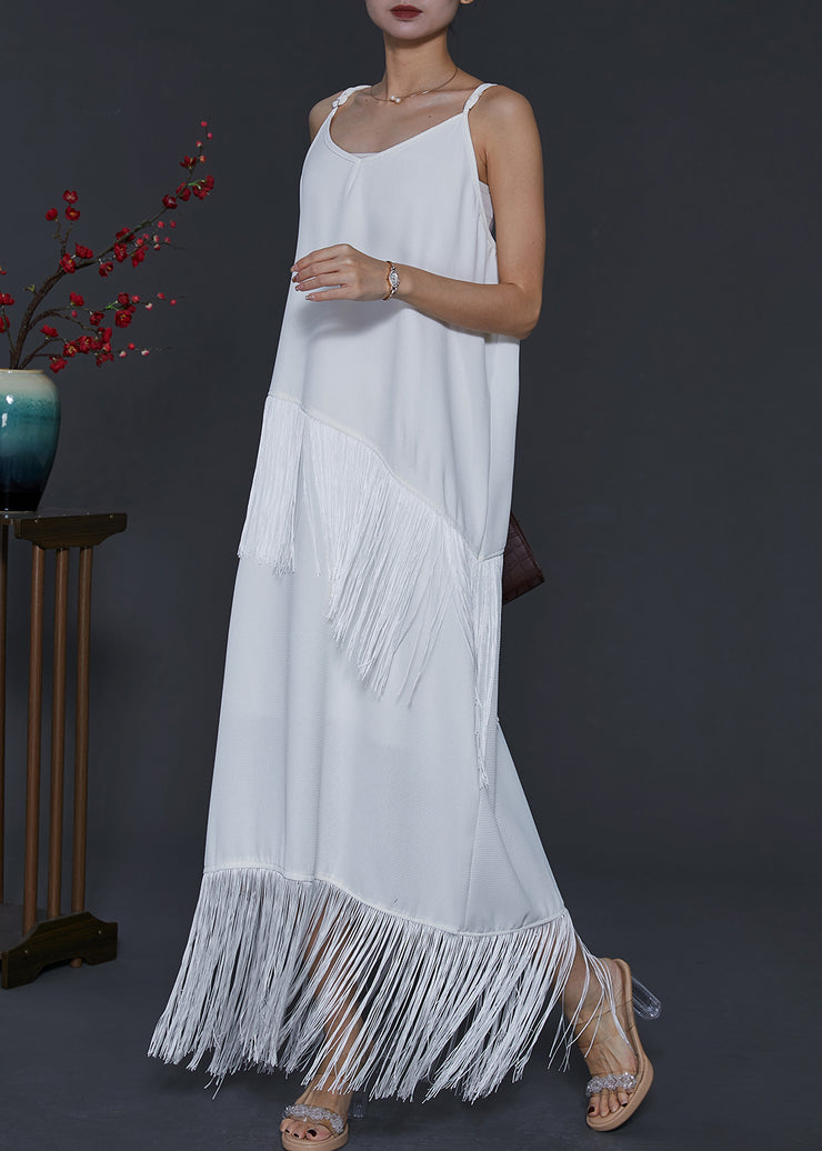 Bohemian White Tasseled Chiffon Spaghetti Strap Dress Summer