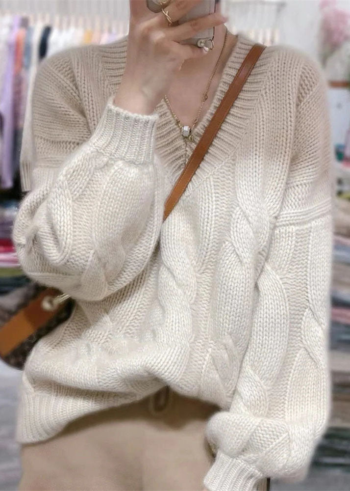 Bohemian White V Neck Cozy Cable Knit Sweater Tops Winter