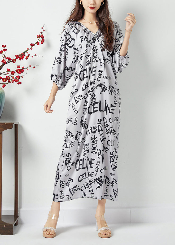 Bohemian White V Neck Letter Print Wrinkled Chiffon Long Dress Batwing Sleeve