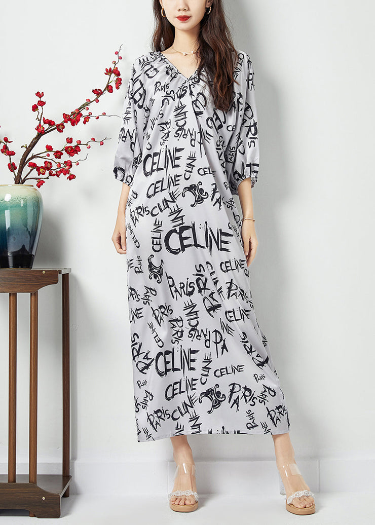 Bohemian White V Neck Letter Print Wrinkled Chiffon Long Dress Batwing Sleeve