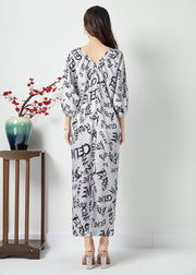 Bohemian White V Neck Letter Print Wrinkled Chiffon Long Dress Batwing Sleeve