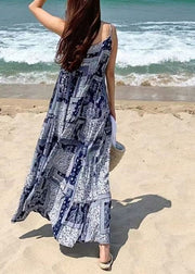 Bohemian Women Sleeveless O-Neck Printed Maxi Tank Dress Floral Blue