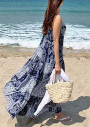 Bohemian Women Sleeveless O-Neck Printed Maxi Tank Dress Floral Blue