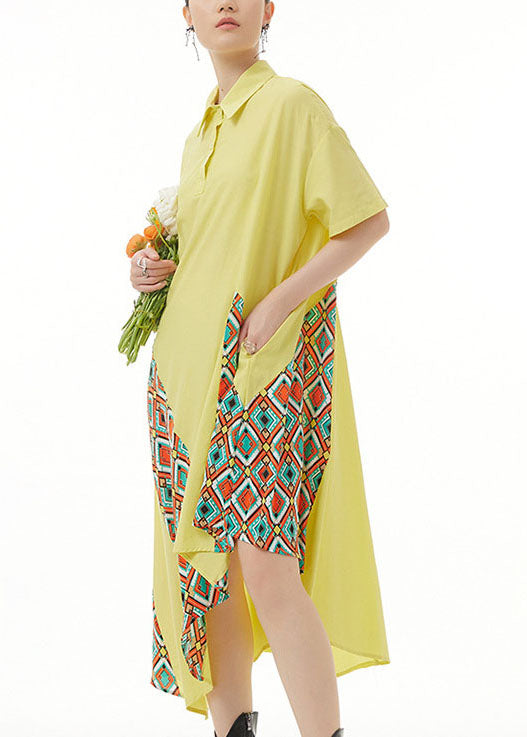 Bohemian Yellow Asymmetrical Print Patchwork Chiffon Shirts Dresses Summer