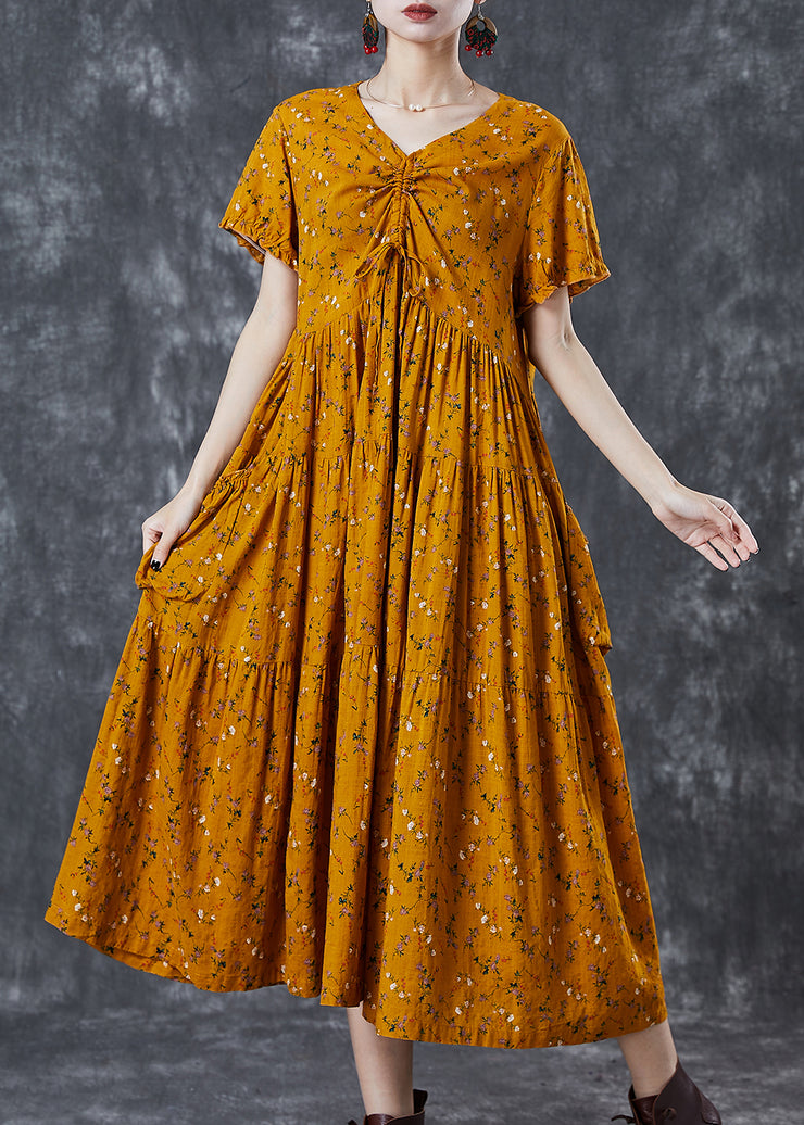 Bohemian Yellow Cinched Print Cotton Dress Summer